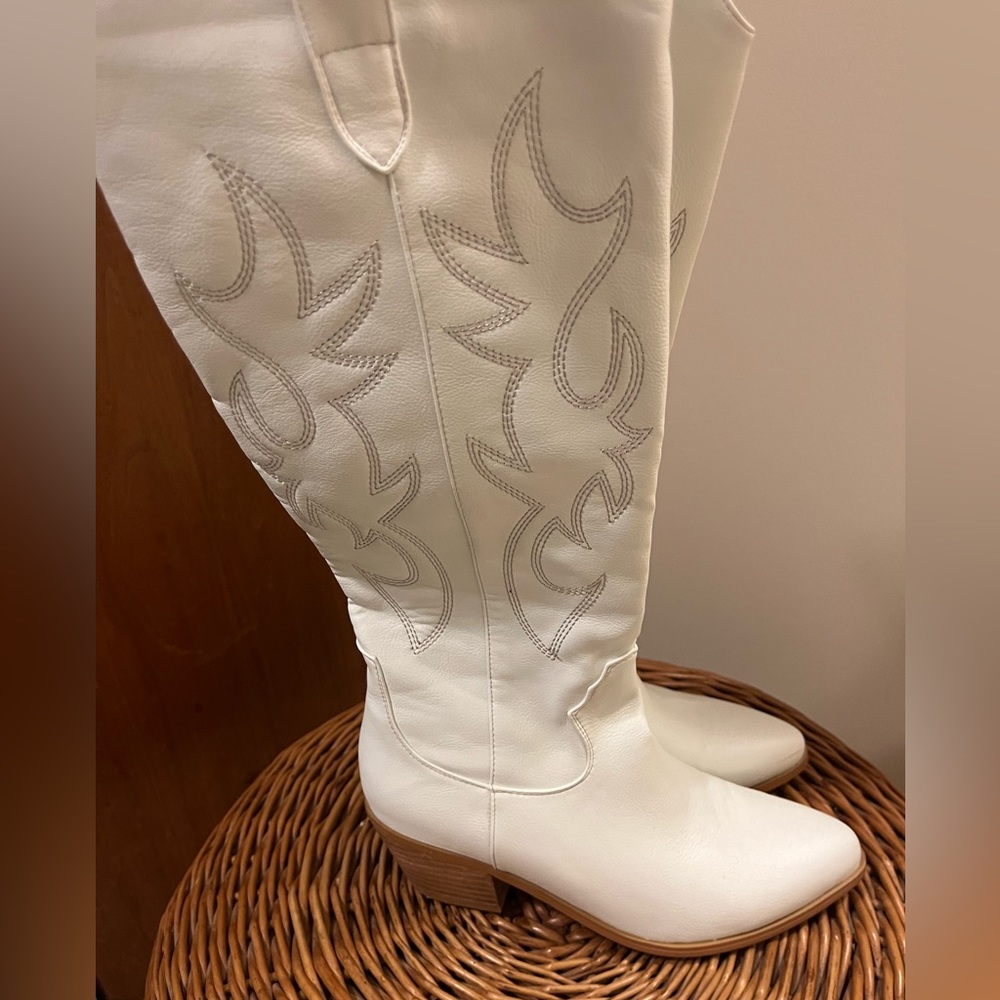 White Knee high cowboy boots